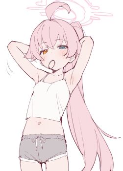 1girl adjusting_hair ahoge armpits arms_behind_head arms_up blue_archive blue_eyes camisole crop_top cropped dolphin_shorts drawstring duplicate flat_chest hair_between_eyes hair_tie hair_tie_in_mouth halo hands_in_own_hair heterochromia highres holding_own_hair hoshino_(blue_archive) long_hair looking_at_viewer mouth_hold navel pink_hair pink_halo ponytail rakugaki_ningen short_shorts shorts simple_background solo spaghetti_strap tying_hair very_long_hair white_background white_camisole yellow_eyes
