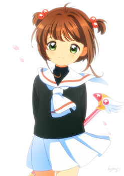 Rule 34 | 1girl, arms behind back, black shirt, brown hair, cardcaptor sakura, closed mouth, cowboy shot, fuuin no tsue, green eyes, hair bobbles, hair ornament, holding, holding wand, kinomoto sakura, kyanos (b 0000ff), light smile, long sleeves, looking at viewer, necktie, pleated skirt, sailor collar, school uniform, serafuku, shirt, short hair, simple background, skirt, solo, standing, two side up, wand, white background, white necktie, white sailor collar, white skirt