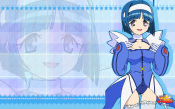 1girl :d ahoge blue_background blue_gloves blue_hair blue_leotard blue_theme blunt_ends blush bob_cut breasts choker cleavage cleavage_cutout clothing_cutout coattails collarbone commentary company_name copyright_logo copyright_notice cowboy_shot cross-laced_clothes cross-laced_leotard cut_bangs frilled_thighhighs frills gloves gluteal_fold grid_background hairband hands_on_own_chest highres kaitou_tenshi_twin_angel kannazuki_aoi large_breasts leotard logo long_sleeves looking_at_viewer magical_girl official_art open_mouth puffy_long_sleeves puffy_sleeves purple_eyes second-party_source short_hair shoulder_pads smile solo standing star_(symbol) star_symbol_background tareme thighhighs thighs twin_angel white_choker white_hairband white_thighhighs zettai_ryouiki zoom_layer