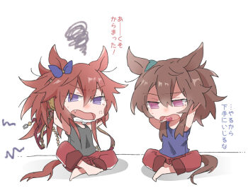 Rule 34 | 2girls, barefoot, beer hsk, black tank top, blue tank top, brown hair, commentary request, fang, hair between eyes, long hair, multiple girls, nakayama festa (umamusume), open mouth, orfevre (old design) (umamusume), pants, ponytail, purple eyes, red pants, shadow, simple background, sitting, squiggle, tank top, track pants, translation request, tying hair, umamusume, very long hair, wavy mouth, white background