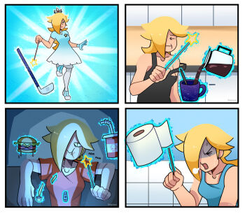 bathroom blonde_hair breasts burger coffee coffee_mug coffee_pot collarbone comic controller crown cup disposable_cup eating food french_fries gloves golf golf_club hair_over_one_eye highres kirby kirby_(series) mario_(series) mario_golf mario_golf:_super_rush mug mundane_utility nintendo remote_control rosalina soft_drink straining thegreyzen toilet_paper wand