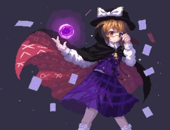 02charaice20 1girl absurdres black_cape black_hat bow brown_eyes brown_hair cape closed_mouth collared_shirt commentary_request glasses hat hat_bow highres long_sleeves looking_at_viewer occult_ball pixel_art plaid_clothes plaid_skirt plaid_vest purple_vest red-framed_eyewear red_cape runes semi-rimless_eyewear shirt skirt smile solo touhou two-sided_cape two-sided_fabric under-rim_eyewear usami_sumireko vest white_shirt zener_card