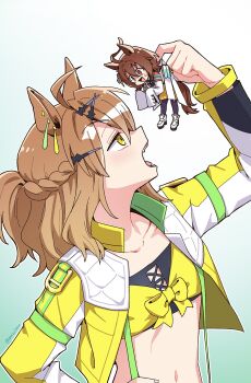 2girls agnes_tachyon_(tach-nology)_(umamusume) agnes_tachyon_(umamusume) ahoge animal_ears arm_up artist_name black_pants bow bow_bra bra braid brown_hair collarbone commentary_request crop_top cropped_jacket dated_commentary gradient_background hair_between_eyes half_up_braid highres holding holding_mini_person horse_ears horse_girl horse_tail imminent_vore jacket jungle_pocket_(champion&#039;s_battle_cry)_(umamusume) jungle_pocket_(umamusume) long_bangs long_sleeves looking_at_another mazu1kan medium_hair mini_person multicolored_jacket multiple_girls navel open_clothes open_jacket open_mouth pants red_eyes sleeves_past_fingers sleeves_past_wrists stomach sweat tail umamusume underwear very_long_sleeves white_jacket yellow_bra yellow_eyes