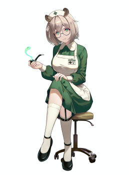 1girl absurdres animal_ears apron artist_name asymmetrical_legwear black_garter_straps black_shoes breasts brocollie center-flap_bangs chair collared_dress commentary crossed_legs double-parted_bangs dress foot_up full_body garter_straps ghost glasses green_dress green_eyes grey_hair hand_on_own_knee hat highres holding holding_smoking_pipe indie_virtual_youtuber kneehighs large_breasts nimi_nightmare nurse_cap on_chair parted_lips round_eyewear shoes short_hair single_garter_strap sitting smile smoking_pipe socks solo swivel_chair tapir_ears tapir_girl variant_set virtual_youtuber white_apron white_hair white_socks
