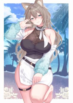 1girl absurdres animal_ears bare_shoulders barefoot beach blue_eyes breasts brown_hair cat_ears cat_girl commentary_request commission curvy detached_sleeves highres large_breasts long_hair looking_at_viewer original salute see-through_cleavage see-through_clothes smile solo thighs user_sxxx4474 vulcan_salute wide_hips