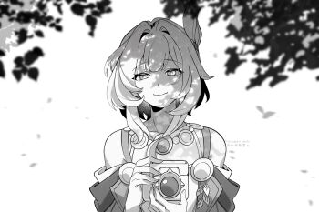 1girl bare_shoulders camera commentary cyrene_(aedes_elysiae)_(honkai:_star_rail) cyrene_(honkai:_star_rail) dress greyscale hair_intakes hair_ornament highres holding holding_camera honkai:_star_rail honkai_(series) jewelry monochrome necklace off-shoulder_dress off_shoulder rongyuan_gulu short_hair solo spaghetti_strap upper_body