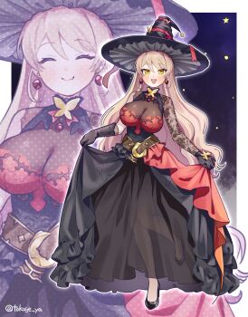 1girl :d asymmetrical_gloves belt ben-day_dots black_dress black_gloves black_hat black_shoes blonde_hair blue_background blush border breasts brown_belt butterfly_ornament commentary_request different_zoom_layer dress earrings fang full_body gloves hat hat_ribbon high_heels highres jewelry large_breasts layered_dress long_dress long_hair looking_at_viewer mismatched_gloves multiple_views nijisanji no_socks nui_sociere nui_sociere_(8th_costume) open_mouth outline outside_border red_dress red_ribbon ribbon screentones see-through_cleavage see-through_clothes see-through_skirt_layer see-through_sleeves shoes single_sleeve skin_fang skirt_hold slit_pupils smile standing standing_on_one_leg tall_hat tokage_(pr) twitter_username variant_set very_long_hair virtual_youtuber white_border white_outline wide_brim witch witch_hat yellow_eyes