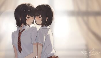 2girls alternate_costume amakura_mayu amakura_mio arm_at_side blurry blurry_background blush bob_cut brown_eyes brown_hair closed_mouth collared_shirt commentary curtains dated english_commentary evening eye_contact face-to-face fatal_frame fatal_frame_ii:_crimson_butterfly flwct highres incest indoors looking_at_another looking_to_the_side mixed-language_commentary multiple_girls necktie parted_lips plaid_clothes plaid_necktie plaid_skirt red_necktie red_skirt school_uniform shirt short_hair short_sleeves siblings side-by-side sisters skirt twincest twins twitter_username upper_body watermark white_shirt window yuri