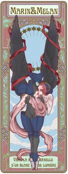 Rule 34 | 1boy, 1girl, absurdres, alternate form, armor, asagi marin, barefoot, black wings, blush, brigadoon, character name, closed eyes, cloud, facing another, feathered wings, full body, halo, hetero, highres, melan blue, red ribbon, ribbon, rikutou (banamiso), twitter username, white wings, wings