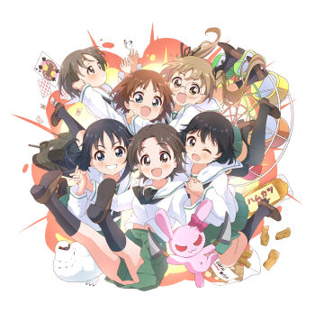 Rule 34 | 6+girls, :d, ;d, bird, black hair, black neckerchief, black socks, blue eyes, blush, brown hair, brown shoes, bug, butterfly, card, character request, clothes between thighs, commentary request, dot nose, explosion, explosion background, full body, girls und panzer, glasses, green skirt, grey hair, grin, highres, insect, kneehighs, loafers, long hair, long sleeves, looking at viewer, miniskirt, mole, mole under each eye, mole under eye, multiple girls, multiple moles, neckerchief, one eye closed, open mouth, parted lips, playing card, pleated skirt, round eyewear, sailor collar, school uniform, serafuku, shirt, shoes, short hair, skirt, smile, socks, toma (shinozaki), twintails, white butterfly, white sailor collar, white shirt