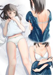 Rule 34 | 1girl, back, back focus, black hair, blue dress, bra, breasts, dress, feet out of frame, fubuki (kancolle), fubuki (spring mode) (kancolle), green eyes, hair down, head out of frame, highres, hugging object, kantai collection, lying, multiple views, open clothes, panties, pillow, pillow hug, polka dot, polka dot dress, small breasts, underwear, underwear only, undressing, unworn bra, white bra, white panties, zuki