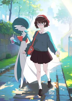 2girls ^_^ absurdres arms_at_sides artist_name backlighting bag black_eyes blush bob_cut brown_footwear brown_hair brown_skirt bubble_tea closed_eyes closed_mouth collarbone colored_skin cup dappled_sunlight day disposable_cup drink drinking_straw facing_another female_focus flat_chest full_body gardevoir gen_3_pokemon glasses grass green_hair green_skin green_sweater grey-framed_eyewear hair_over_one_eye hairband hand_up happy heel_up highres holding holding_cup holding_drink jewelry legs long_sleeves miniskirt multicolored_skin multiple_girls necklace nintendo no_feet nose_blush one_eye_covered original outdoors path pleated_skirt poke_ball pokemon pokemon_(creature) premier_ball r3dfive road semi-rimless_eyewear shoes short_hair shoulder_bag sidelocks skirt smile socks split_mouth standing sunlight sweater tree two-tone_skin walking watermark white_hairband white_skin white_socks
