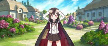 1girl arms_up black_cloak black_skirt blue_sky blunt_bangs brown_hair building bush child cloak closed_mouth cloud cloudy_sky cowboy_shot day dirt_road dress_shirt game_cg hair_ornament hair_tie hairpin highres komekko kono_subarashii_sekai_ni_shukufuku_wo! konosuba!_fantastic_days light_blush long_sleeves looking_at_viewer miniskirt official_art outdoors patchwork_clothes pleated_skirt road shirt short_hair short_twintails sidelocks skirt sky smile solo standing star_(symbol) star_hair_ornament suspender_skirt suspenders tachi-e twintails v-shaped_eyebrows white_shirt