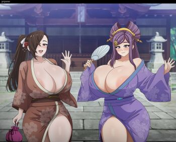 2girls blush breasts brown_eyes brown_hair female_focus fire_emblem fire_emblem_fates huge_breasts japanese_clothes kagero_(fire_emblem) kimono long_hair looking_at_viewer multiple_girls nintendo open_mouth orochi_(fire_emblem) purple_eyes purple_hair pzpana smile yukata