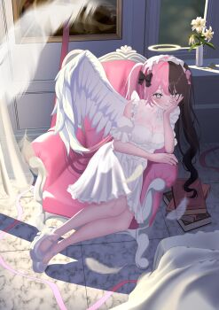 Rule 34 | 1girl, absurdres, angel, armchair, black bow, black hair, book, bow, breasts, chair, closed mouth, commentary request, dress, elbow rest, falling feathers, feathered wings, feathers, flower, flower request, full body, grey eyes, hair bow, halo, hand rest, hand up, highres, indoors, long hair, looking at viewer, maid headdress, marble (stone), mary janes, medium breasts, motion blur, multicolored hair, on chair, picture frame, pile of books, pink bow, pink hair, see-through cleavage, see-through clothes, see-through dress, shade, shoes, sitting, smile, solo, split-color hair, tachibana hinano, tile floor, tiles, traditional halo, twintails, two-tone hair, vase, very long hair, virtual youtuber, vspo!, white dress, white flower, white shoes, white wings, wings, zuizui 11