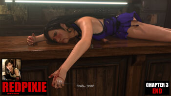 1girl 3d black_hair blender_(medium) blood blood_on_face blood_on_hands blue_dress crying defeat dress guro highres lying on_stomach pixiv_username tagme tifa_lockhart tifa_lockhart_(refined_dress)