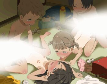 2boys 2girls all_fours animated animated_gif arms_up backpack bag barefoot black_hair blush breasts brown_hair censored closed_eyes commentary_request completely_nude doggystyle feet group_sex hair_tie indoors interior kodomo_doushi koshiansan light_censor loli looping_animation lying missionary multiple_boys multiple_girls nipples nude on_back on_floor one-piece_tan open_mouth orgy original paid_reward_available panties pink_panties randoseru red_bag sex sex_from_behind short_hair short_twintails shota small_breasts spread_legs tan tanline thighs tissue_box toes tongue tongue_out twintails underwear unworn_panties used_tissue