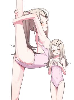 1girl backless_leotard ballerina brown_eyes brown_hair collarbone commentary contortion flexible from_side gakuen_idolmaster hair_ornament hairclip holding_own_leg idolmaster leotard long_hair looking_at_viewer looking_to_the_side millet_pepper open_mouth pink_leotard ponytail projected_inset shinosawa_hiro simple_background smile split standing standing_on_one_leg standing_split steepled_fingers white_background