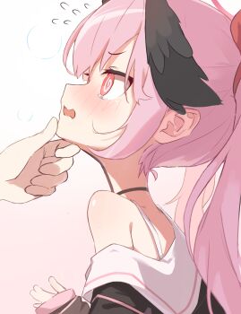 1girl 1other @_@ absurdres black_shirt black_wings blue_archive blurry blush bokeh commentary depth_of_field embarrassed feathered_wings flying_sweatdrops from_side hair_between_eyes hair_ribbon hand_on_another&#039;s_chin head_wings highres koharu_(blue_archive) looking_at_another looking_up neck off_shoulder open_mouth pink_eyes pink_hair red_ribbon ribbon sailor_collar shirt spaghetti_strap symbol-only_commentary twintails upper_body v-shaped_eyebrows wavy_mouth wep16night white_sailor_collar wings