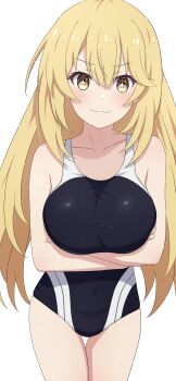 1girl absurdres arms_under_breasts black_one-piece_swimsuit blonde_hair breasts closed_mouth collarbone commentary_request competition_school_swimsuit competition_swimsuit crossed_arms highleg highleg_one-piece_swimsuit highres large_breasts long_hair looking_at_viewer multicolored_swimsuit na-suke one-piece_swimsuit school_swimsuit shokuhou_misaki simple_background solo sparkling_eyes star_(symbol) swimsuit symbol-shaped_pupils thigh_gap toaru_kagaku_no_mental_out toaru_kagaku_no_railgun toaru_majutsu_no_index tokiwadai_school_swimsuit two-tone_one-piece_swimsuit two-tone_swimsuit white_background yellow_eyes