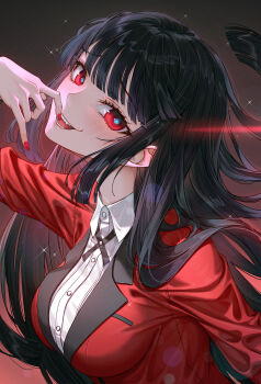 1girl absurdres black_hair collared_shirt commentary_request eichi_(skskdi12z) film_grain finger_to_mouth fingernails formal_clothes highres hime_cut hyakkaou_academy_school_uniform jabami_yumeko jacket kakegurui long_hair looking_at_viewer red_eyes red_jacket red_nails red_suit school_uniform shirt smile solo suit white_shirt