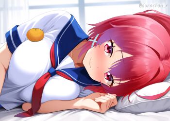 1girl ahoge blush breasts commentary_request dorachan_r food food_on_body food_on_breasts fruit highres i-168_(kancolle) kagami_mochi kantai_collection large_breasts long_hair looking_at_another looking_at_viewer lying mandarin_orange nose_blush object_on_breast on_side oppai_mochi ponytail red_hair serasuku smile solo swimsuit swimsuit_under_clothes