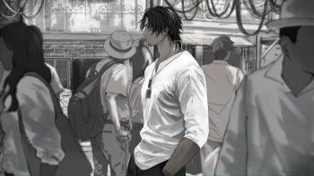 2girls 4boys backpack bag bracelet collared_shirt crowd dog_tags faceless faceless_female faceless_male facial_hair frimomen_(voicepeak) from_side goatee greyscale hands_in_pockets hat highres j1u_zzz jewelry long_hair male_focus manly medium_hair monochrome multiple_boys multiple_girls muscular muscular_male official_art outdoors shirt short_hair shoulder_bag solo_focus synthesizer_v white_shirt wolf_cut