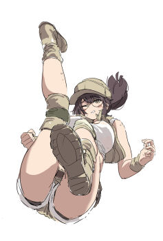 1girl absurdres ass baseball_cap blush boots breasts brown_eyes brown_hair crop_top fio_germi glasses hat highres huanxiang_huifeng knee_pads large_breasts metal_slug one_eye_closed ponytail round_eyewear shorts solo tank_top utility_vest vest white_background white_tank_top wristband