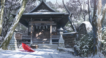architecture box commentary_request donation_box east_asian_architecture ema handprint highres kosian no_humans original outdoors red_umbrella rope shimenawa shrine snow stairs tree umbrella winter