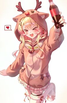 >_< 1girl :d absurdres bell blonde_hair bottle brown_hoodie closed_eyes commentary cowboy_shot deer_hood double-parted_bangs hashtag-only_commentary heart highres holding holding_bottle hololive hololive_dev_is hood hood_up hoodie long_hair long_sleeves neck_bell open_mouth otonose_kanade pleated_skirt roha_(2r0ha1745) simple_background skirt slippers smile soda_bottle solo spoken_heart thighhighs virtual_youtuber white_background white_skirt white_slippers white_thighhighs xd