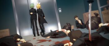 2girls 6+boys automatic_door black_coat black_jacket black_pants blonde_hair blood blood_on_clothes blood_on_ground bloody_weapon bow box brown_hair cardboard_box coat commentary_request corpse green_hair gumi gun hair_bow hairband highres jacket kagamine_rin katana light_switch multicolored_hair multiple_boys multiple_girls pants planted planted_sword planted_weapon pool_of_blood scabbard sheath shirt short_hair sidelocks sliding sword trash_bag vocaloid weapon white_bow white_hairband white_shirt wounds404