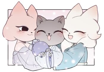 3girls :3 bare_shoulders blue_coat blush cat_girl character_doll character_request coat doll furry furry_female happy heng_(nine_sols) multiple_girls nine_sols off_shoulder shanhai_9000 simple_background smile white_background wide_sleeves yyang_gg