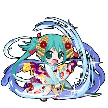 1girl :o animated animated_png aqua_eyes aqua_hair attack_trail black_outline blue_kimono blush chibi chibi_only closed_mouth floating_clothes frown full_body game_asset hair_bun hair_ornament hair_stick hatsune_miku hatsune_miku_graphy_collection holding holding_sword holding_weapon japanese_clothes katana kimono knees_together_feet_apart long_hair long_sleeves looking_at_viewer okobo open_clothes open_mouth outline platform_sandals sandals side_ponytail single_hair_bun slashing solo sparkle standing sword tassel tassel_hair_ornament transparent_background v-shaped_eyebrows vocaloid weapon