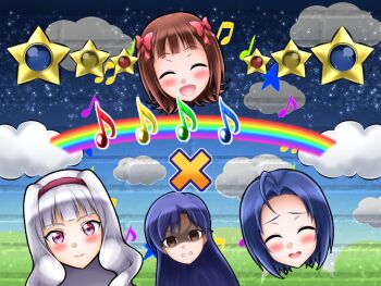 4girls amami_haruka blue_hair brown_hair grey_hair highres idolmaster idolmaster_(classic) kisaragi_chihaya mario_(series) mario_party mario_party_2 miura_azusa multiple_girls musical_note nintendo parody shijou_takane star tagme