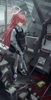 1girl absurdres ahoge black_gloves black_skirt blood blue_archive blue_eyes broken_halo building bulletproof_vest empty_eyes full_body gloves gun halo handgun heterochromia highres holding holding_gun holding_weapon hoshino_(armed)_(blue_archive) hoshino_(blue_archive) implied_death kinrup looking_at_object notebook original_terror_(blue_archive) pink_hair ponytail pool_of_blood rain rebar riot_shield ruins school_uniform shield shirt shotgun skirt solo tactical_school_uniform traumatized weapon white_shirt yellow_eyes