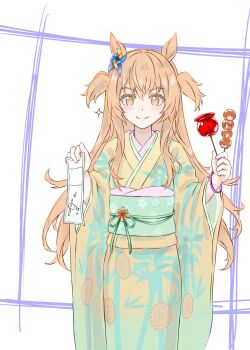 1girl absurdres animal_ears blush bracelet breasts candy_apple closed_mouth dango food gentiano815 green_sash hair_between_eyes highres holding holding_candy_apple holding_food horse_ears horse_girl horse_tail japanese_clothes jewelry kimono long_hair long_sleeves looking_at_viewer mayano_top_gun_(umamusume) mitarashi_dango obi orange_eyes orange_hair sash smile solo tail two_side_up umamusume wagashi yellow_kimono
