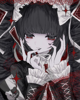 1girl absurdres black_hair black_jacket black_nails card celestia_ludenberg commentary_request danganronpa:_trigger_happy_havoc danganronpa_(series) drill_hair gothic_lolita highres jacket lolita_fashion long_hair long_sleeves monokuma nail_polish necktie nonsrnn playing_card red_eyes red_necktie smile solo twin_drills twintails upper_body