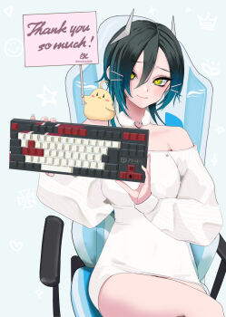 1girl azur_lane bare_shoulders black_hair blush breasts casual chair commentary_request computer_keyboard copyright_name echo_(lowlow808) english_text hair_over_one_eye hands_up heart heart_o-ring highres holding_computer_keyboard horns light_smile looking_at_viewer manjuu_(azur_lane) medium_breasts medium_hair multicolored_hair no_pants o-ring off-shoulder_sweater off_shoulder on_chair sitting slit_pupils solo sweater thighs two-tone_hair ulrich_von_hutten_(azur_lane) white_hair yellow_eyes