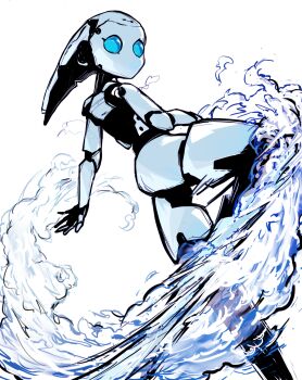 1girl blue_eyes blue_fire colored_skin drossel_von_flugel fire fireball_(series) highres humanoid_robot joints looking_back mechanical_hair no_mouth okubatomaeba robot robot_girl robot_joints solo white_background white_skin