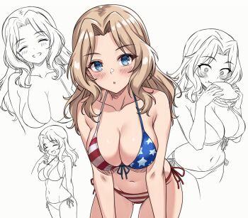 1girl aadka5 all_fours american_flag american_flag_bikini american_flag_print bikini blonde_hair blue_eyes breasts burger cleavage closed_eyes commentary_request flag_print flag_print_bikini food front-tie_bikini_top front-tie_top girls_und_panzer grin hair_intakes kay_(girls_und_panzer) large_breasts long_hair looking_at_viewer multiple_views print_bikini side-tie_bikini_bottom smile spot_colorado swimsuit