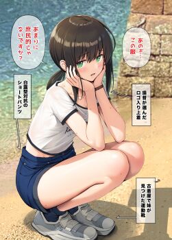 1girl absurdres alternate_costume ankle_socks blue_shorts blue_socks blush breasts brown_hair cleavage collarbone from_side fubuki_(kancolle) full_body green_eyes hair_tie highres ichikawa_feesu kantai_collection looking_at_viewer low_ponytail medium_hair midriff_peek open_mouth outdoors ponytail see-through_clothes see-through_shirt shirt shoes shore short_shorts short_sleeves shorts sidelocks socks solo squatting translation_request water white_shirt white_shoes