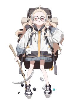 1girl 2t_(vmyz7342) absurdres ahoge backpack bag bandaid blonde_hair forehead full_body glasses highres holding hood jacket long_hair long_sleeves looking_at_viewer multicolored_hair open_mouth pickaxe red_eyes round_eyewear shoes simple_background sneakers solo standing triangle_mouth white_background white_jacket