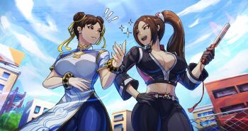 ! !! 2girls alex_dos_diaz black_gloves black_jacket black_pants blue_pants bracelet breasts brown_eyes brown_hair capcom center_opening china_dress chinese_clothes chun-li cityscape cleavage cloud commentary double_bun dress earrings english_commentary fatal_fury fatal_fury:_city_of_the_wolves folded_fan folding_fan gloves grin hair_bun hair_ribbon hand_fan hand_on_own_hip highres holding holding_fan jacket jewelry large_breasts long_hair looking_at_another midriff multiple_girls navel open_mouth pants ponytail ribbon shiranui_mai short_hair smile sparkle street_fighter street_fighter_6 stud_earrings white_dress wind