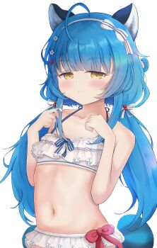 1girl absurdres ahoge alternate_costume animal_ears bikini blue_hair blunt_bangs blush bow chromashift closed_mouth commentary commission english_commentary flat_chest frilled_bikini frills hair_bow hair_tie hairband highres long_hair looking_at_viewer low_twintails midriff navel poko_rakun raccoon_ears raccoon_girl raccoon_tail red_bow second-party_source simple_background smile solo striped_tail swimsuit tail teren twintails virtual_youtuber water white_background white_bikini white_bow white_hairband yellow_eyes