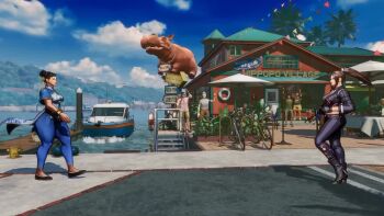 2girls 3d ai-assisted akiman_pose animated black_boots black_jacket black_pants blue_dress boots breast_press breasts capcom cherry_blossom_print china_dress chinese_clothes chun-li cropped_jacket dress faceoff fatal_fury fatal_fury:_city_of_the_wolves floral_print game_screenshot high_ponytail highres jacket large_breasts leather leather_jacket leather_pants multiple_girls pants ponytail shiranui_mai snk street_fighter street_fighter_6 symmetrical_docking thick_thighs thighs third_party_edit trait_connection video video_game_screencap