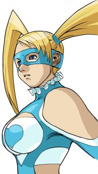 1girl bengus blonde_hair blue_eyes blue_leotard blue_mask breasts clothing_cutout game_cg highres leotard long_hair mask non-web_source official_art parted_lips portrait rainbow_mika shoulder_cutout simple_background solo street_fighter street_fighter_zero_(series) teeth twintails upper_body white_background wrestler wrestling_mask wrestling_outfit