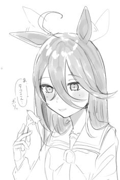 Rule 34 | 1girl, animal ears, arlcn (arlcn 1115), bow, bowtie, breasts, crossed bangs, ear wiggle, food, food art, fork, hair between eyes, hand up, highres, horse ears, horse girl, large breasts, long hair between eyes, long sleeves, looking at object, manhattan cafe (umamusume), motion lines, parted lips, school uniform, smile, solo, speech bubble, tako-san wiener, tracen school uniform, translation request, umamusume