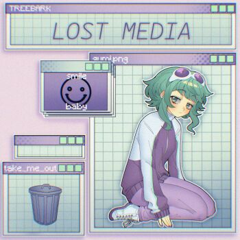 Rule 34 | 1girl, artist name, closed mouth, commentary, emoticon, english commentary, english text, expressionless, goggles, goggles on head, green eyes, green hair, grid, gumi, highres, jacket, jitome, light blush, lost media (synthesizer v), medium hair, outline, pants, purple-tinted eyewear, purple jacket, purple nails, purple pants, shoes, sidelocks, sitting, song name, synthesizer v, tinted eyewear, track jacket, trash can, treebarkagain, vocaloid, white outline, white shoes, window (computing)