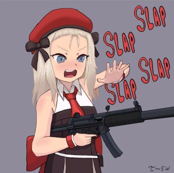 1girl beret blonde_hair blue_eyes blush dress girls'_frontline gloves gun h&amp;k_mp5 h&amp;k_mp5sd hat holding holding_gun holding_weapon integral_suppressor integrally-suppressed_firearm long_hair meme mp5_(girls'_frontline) necktie open_mouth plap_plap_plap_get_pregnant_(meme) red_hat ribbon solo submachine_gun suppressor tagme the_superweirdo weapon white_hair