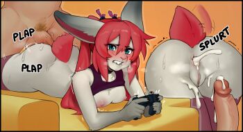 1boy 1girl after_anal anal animal_ears biting_own_lip black_shirt blush body_fur controller crop_top cum cum_in_ass furry furry_female furry_with_non-furry grey_fur highres holding holding_controller interspecies long_hair male_pubic_hair nipples orange_background original pink_thighhighs playing_games prone_bone pubic_hair pussy rabbit_ears rabbit_girl rabbit_tail red_hair sex sex_from_behind shirt tail thighhighs twintails woolrool